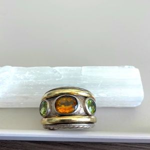 David Yurman Two tone Peridot and Citrine SS 18Kt Gold  Renaissance Ring Size 6